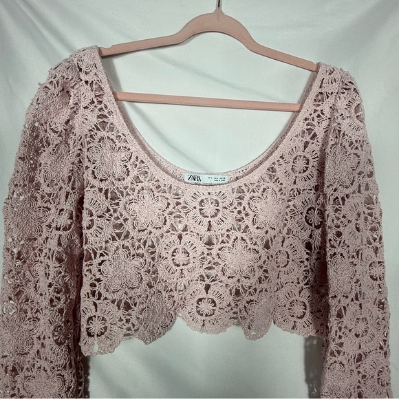 Zara Blush Pink Crochet Lace-Look Long Sleeve Crop Top, Size Large, NWOT. Boho - Picture 12 of 15